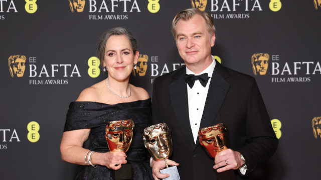 Christopher Nolan and Emma Thomas after winning the Best Director and Best Film awards for Oppenheimer